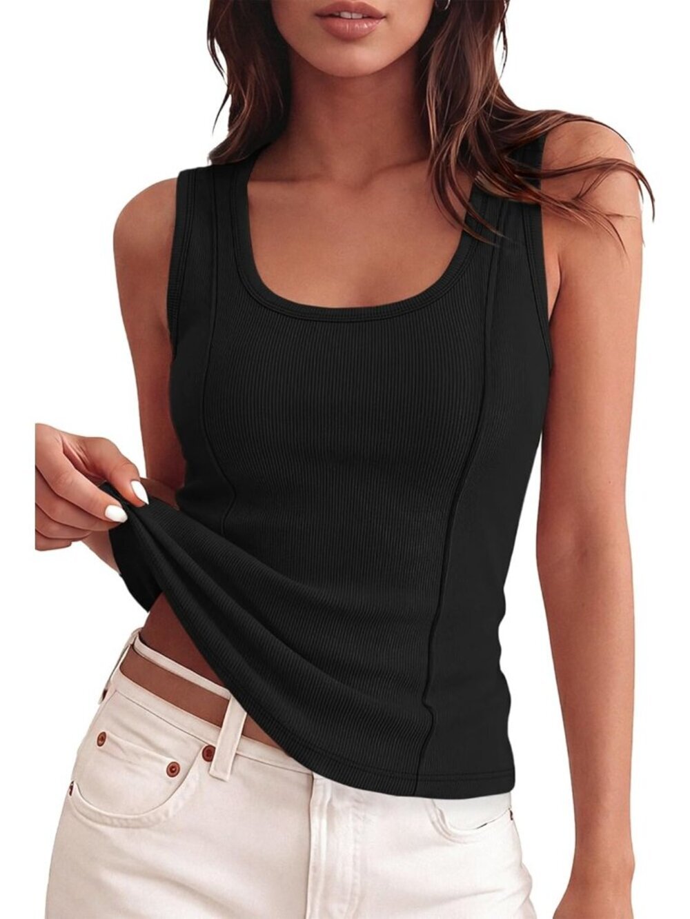 Women's Black Tank Top Ribbed Scoop Neck Slim Fit Sleeveless